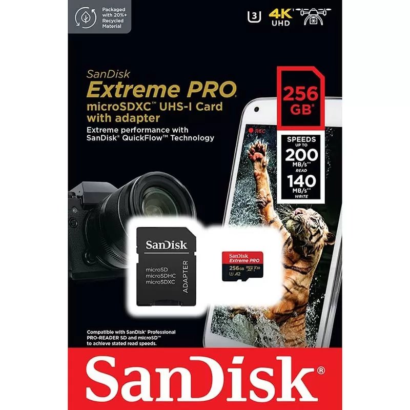 SanDisk Extreme Pro 256GB microSD SDXC UHS-I Card With Adapter 200MB/S 4K