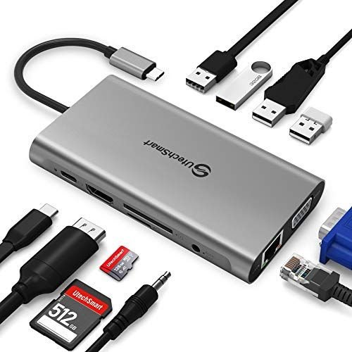USB-C Multi-function Dock Station with HDMI VGA LAN SD USB 3.0 Audio Adapter Support 4K UHD Video Gigabit Ethernet SD Card Reader Type-C PD Quick Charging USB 3.0 HUB