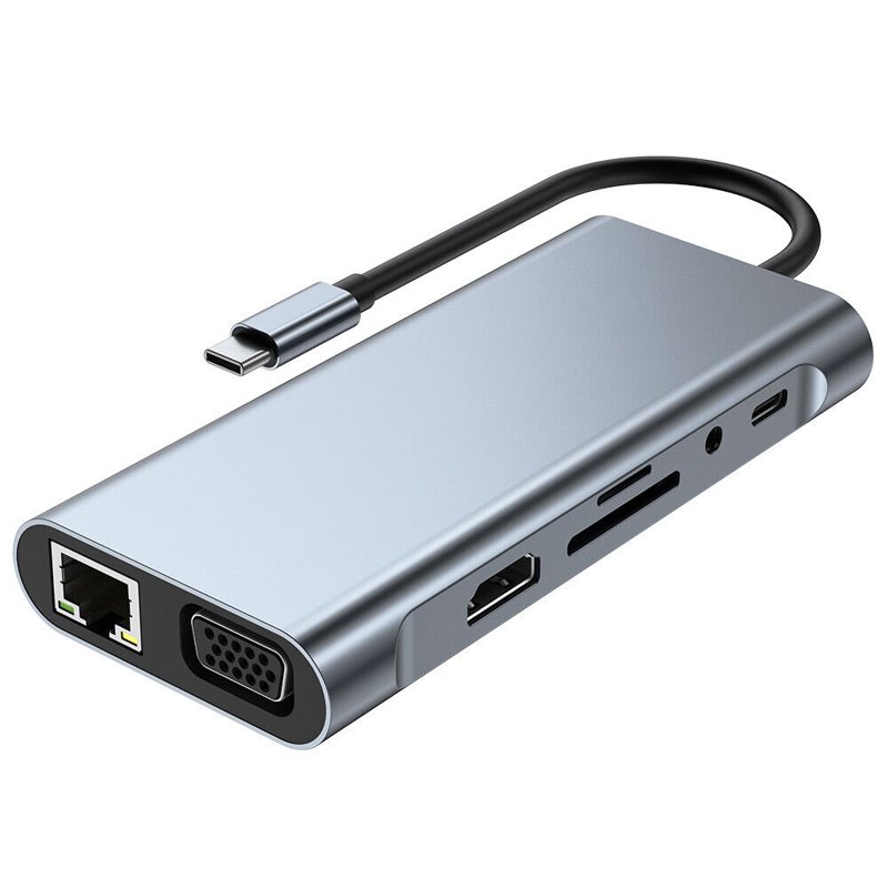 USB Type C To Multifunction 11 In 1 Docking Station HDMI + LAN + Type C + SD Card + USB 3.0 4 Ports + Audio + HDMI + VGA