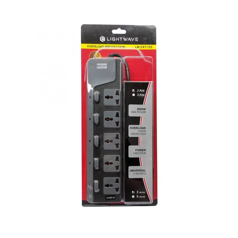 Lightwave 5-Way Extension Socket Overload Protection 3 Metres Cord Cable