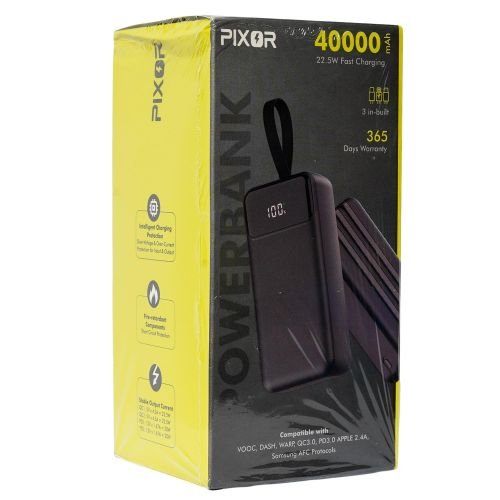 PIXOR 40,000mAh Power Bank (148Wh, 22.5W) 3 Built-in Cables (USB-C, Lightning, USB) 4 Outputs PixorPB-40225BK