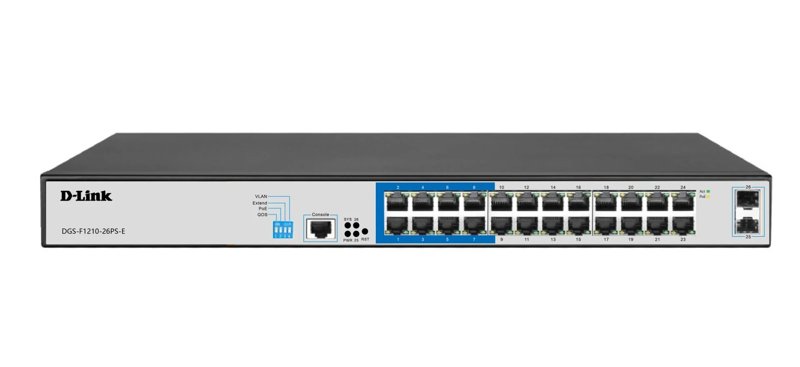 D-Link DGS-F1210-26PS-E 24 Port Managed Gigabit Switch with 24 10/100/1000 Mbps PoE Ports 2 Gigabit SFP Uplink Ports DGS-F1210-26PS