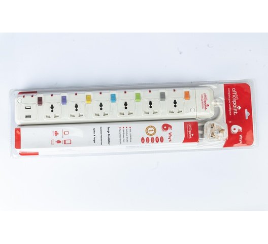Officepoint 6 Way Surge Protector With 2 USB Charging Port Extension