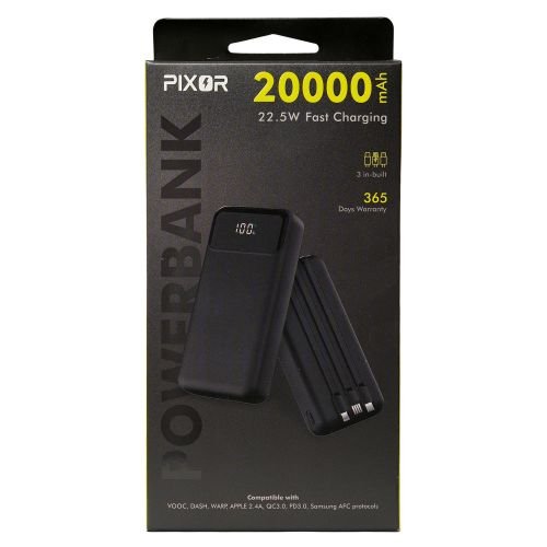 PIXOR Power Bank 20000mAh (12W) Built-in Lightning & USB-C Cables 4 Outputs (PixorPB-2012BK)