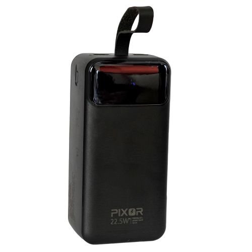 PIXOR 40,000mAh Power Bank (148Wh, 22.5W) 3 Built-in Cables (USB-C, Lightning, USB) 4 Outputs PixorPB-40225BK