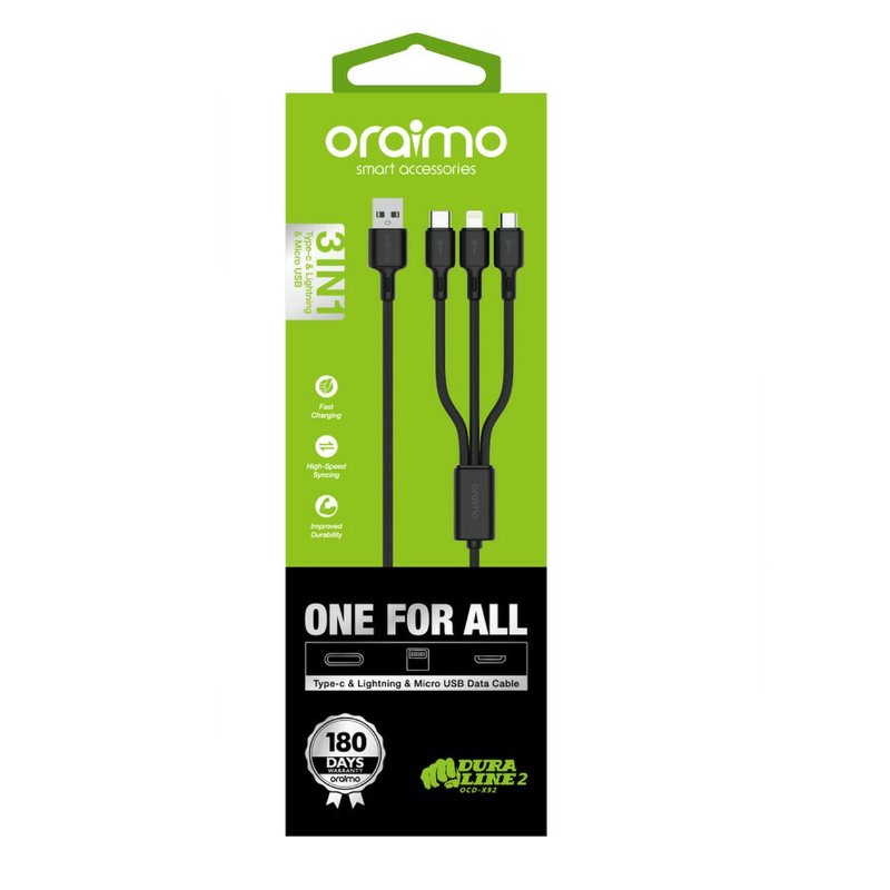 Oraimo Duraline 3 3A 1.2M Data Cable For Lightning & Type-C & Micro USB OCD-X93