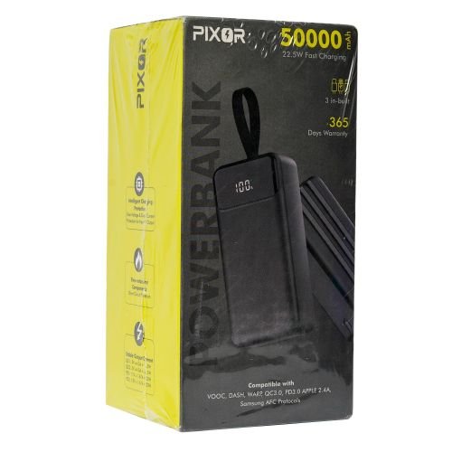 PIXOR 50,000mAh Power Bank (185Wh, 22.5W) 3 Built-in Cables (USB-C, Lightning, USB) 4 Outputs PixorPB-50225BK