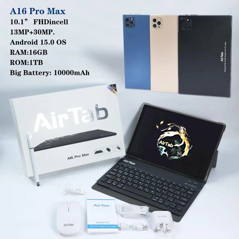 AirTab A16 Pro Max 5G Tablet 10.1" FHD Incell Display 16GB RAM 1TB ROM Android 15 13MP + 30MP Camera Bluetooth Headset Keyboard 10000mAh Battery