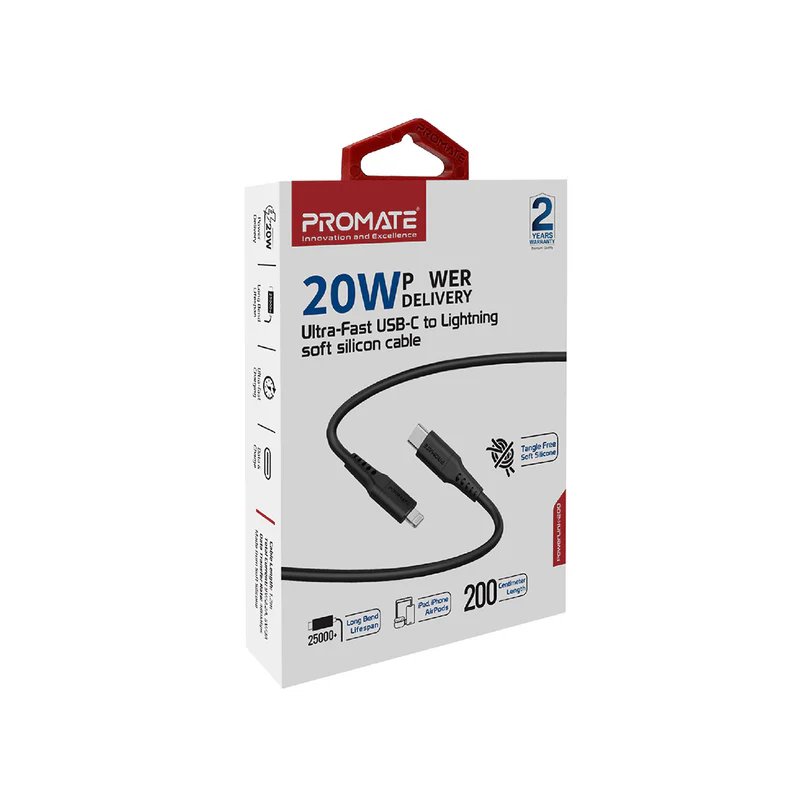 Promate 20W Power Delivery Fast Charging USB-C to Lightning 2M Cable PowerLink-200