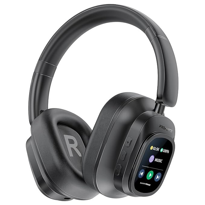 Promate VuTune Bluetooth Over Ear Headphones Hybrid Active Noise Cancellation  with Detachable Magnetic LCD Touch Screen Controller