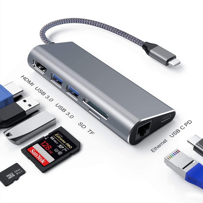 Type-C 7-in-1 Adapter with HDMI VGA LAN SD USB 3.0 Audio Adapter Support 4K UHD Video Gigabit Ethernet SD Card Reader Type-C PD Quick Charging USB 3.0 HUB