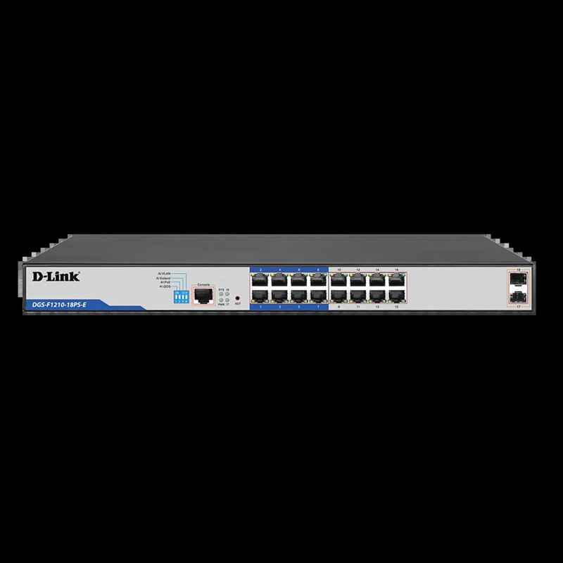 D-Link DGS-F1210-18PS-E 16-Port Gigabit Long Range 250m PoE+ Smart Switch with 16 PoE Ports, 2 SFP Ports DGS-F1210-18PS