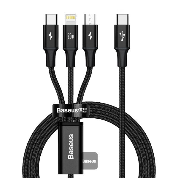BASEUS Rapid Series 3-in-1 Fast Charging Data Cable Type-C to M+L+C PD 20W 1.5M - Black