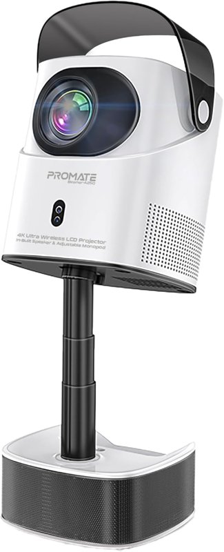 Promate Beamer-A250 4K Ultra HD Projector with LCD Technology 250 ANSI Brightness Height-Adjustable Telescopic Stand Auto Keystone Correction Built-In Speaker Android 11 Wi-Fi and Bluetooth Connectivity HDMI Port 